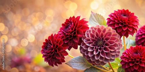 Vibrant crimson and mauve dahlias in a sunlit autumnal garden setting, showcasing their intricate petal structures against a bokeh background