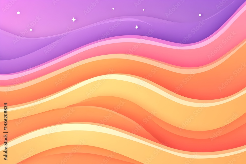 Abstract wavy landscape with pastel hues, transitioning from purple to orange Stars adorn the top