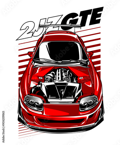 A red cartoon vector illustration depicts a fast sport auto in a race