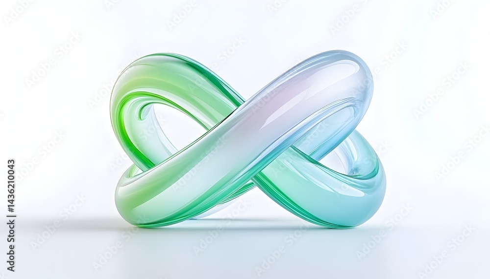 Intertwined translucent loops forming an infinity symbol, pastel green and blue hues, glossy surface, clean background