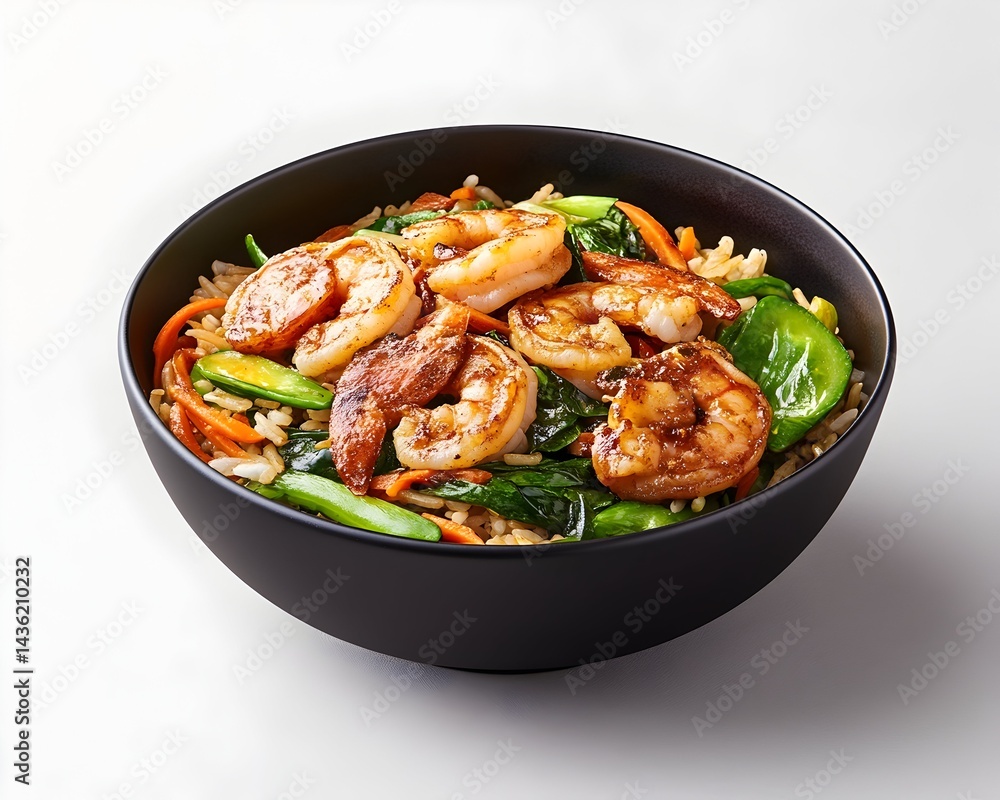 Savory shrimp stir-fry over rice with spinach, carrots, and green beans in a black bowl