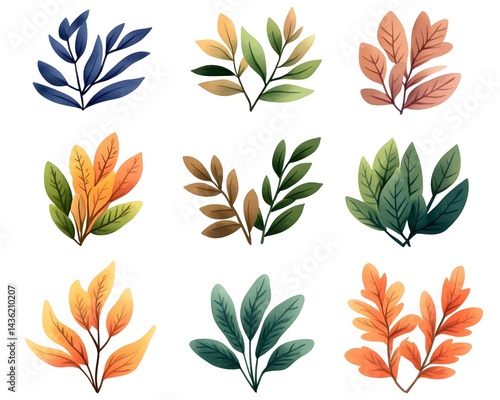 Nine stylized leaf clusters in various autumnal colors