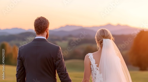 Newlywed couple holds hands, gazing at sunset over scenic mountains