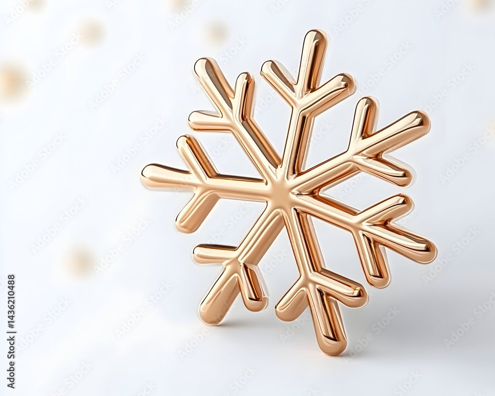 A metallic gold snowflake ornament rests on a light background, subtly blurred bokeh lights in the background