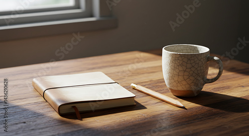 Notebook with Coffee Mug and Pencil on Wood Table