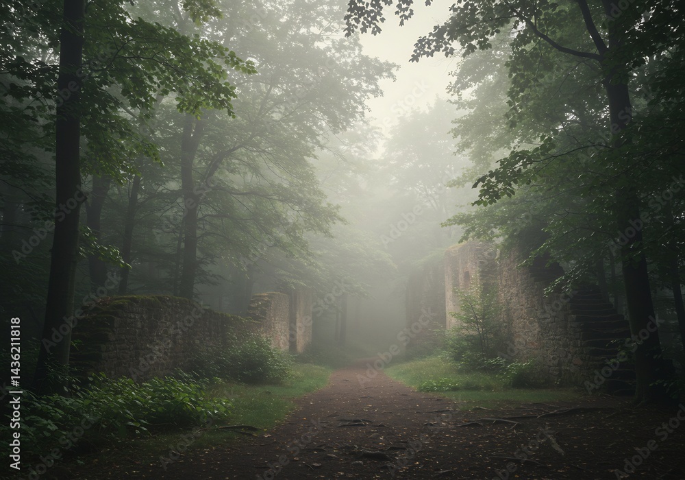 Naklejka premium 霧深く静寂な森の道 神秘的な緑と影