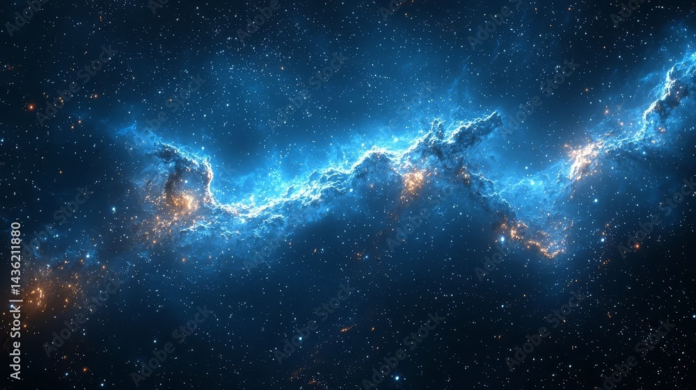 Naklejka premium Stunning cosmic nebula illuminated by vibrant blues and warm oranges, capturing the beauty of the universe in a breathtaking celestial scene.