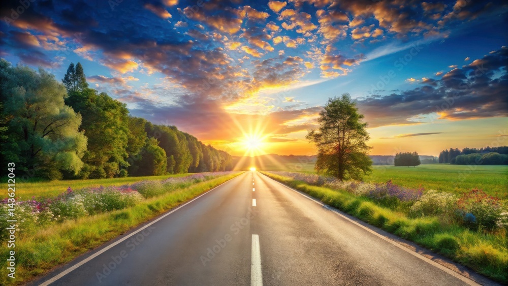 Naklejka premium Asphalt road stretching towards a vibrant sunset, lined with wildflowers and lush greenery under a dramatic sky