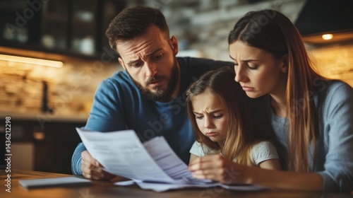 Worried family reviewing financial documents.  A family stares intently at documents, expressing concern and financial strain