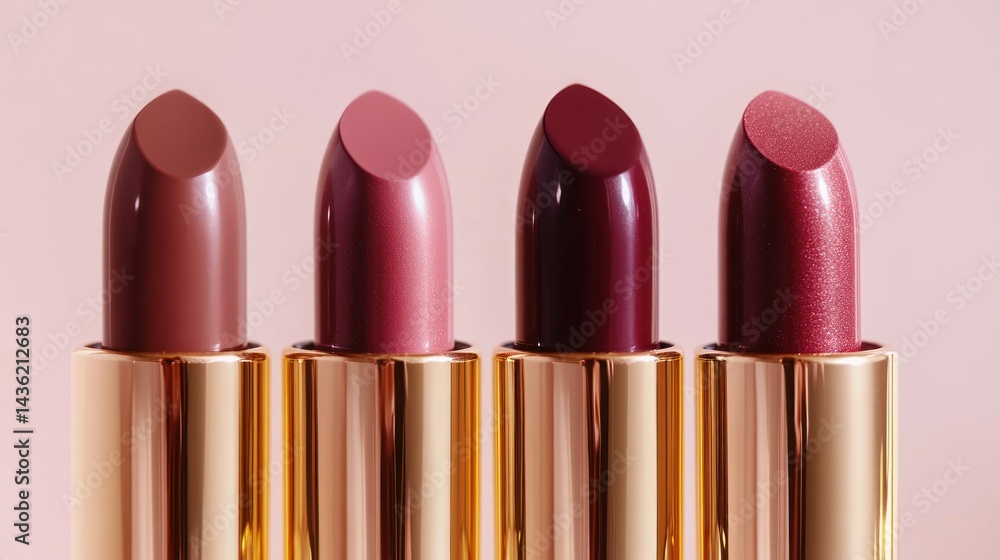 Four shades of lipstick in a row on a pink background, showcasing beauty and makeup. Possible use makeup catalog, beauty advertisement Four shades of lipstick in a row on a pink background, showcasing beauty and makeup. Possible use makeup catalog, beauty advertisement