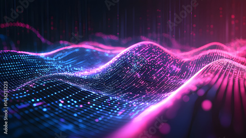 Glowing abstract data flow waves in digital space virtual environment graphic visualization futuristic perspective