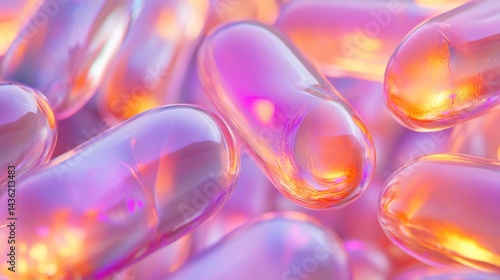 Dynamic Dance of Violet and Orange Capsules in an Abstract Representation of Mitochondria