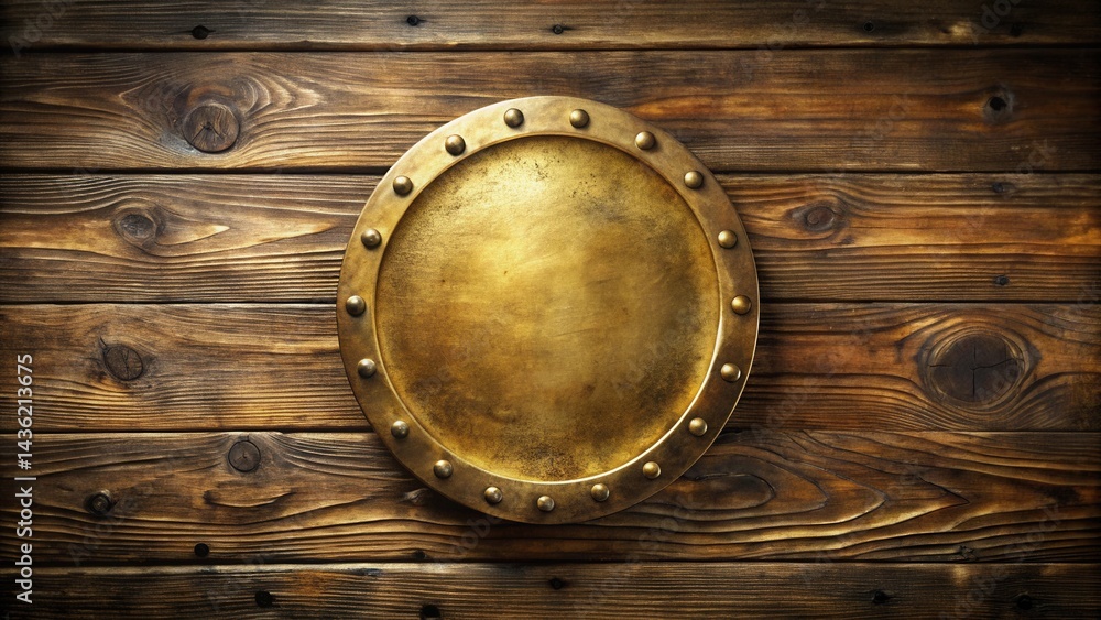 Antique Brass Shield on Rustic Wooden Background A Decorative Element for Design Projects Antique Brass Shield on Rustic Wooden Background A Decorative Element for Design Projects