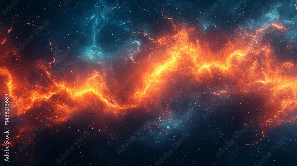 Fototapeta premium Dynamic cosmic energy: Vibrant orange lightning streaks through a deep blue nebula, creating a mesmerizing visual perfect for sci-fi and technology themes.