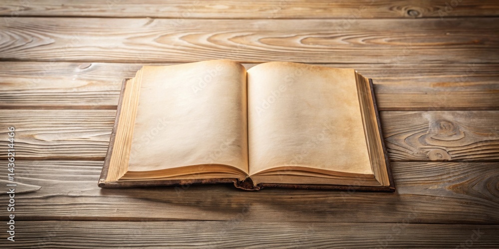 Obraz premium An antique book with aged pages rests open on a rustic wooden surface, inviting exploration of its blank interior.