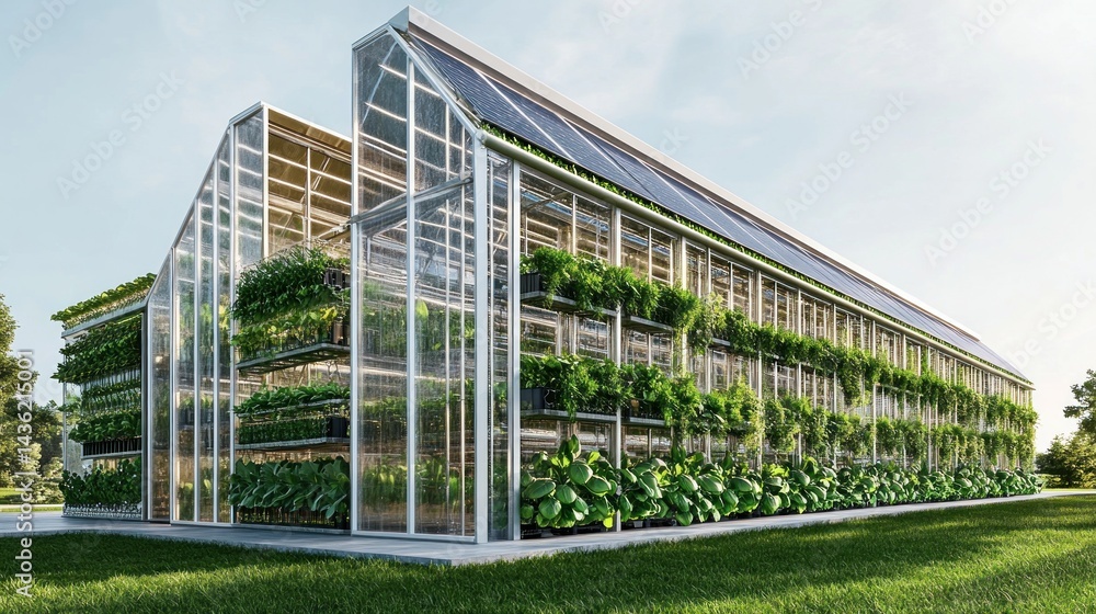 Fototapeta premium Modern, sustainable greenhouse with vertical planting and solar panels. Features efficient design for optimal plant growth
