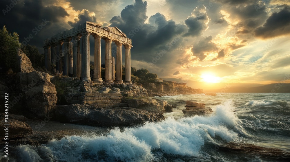 Obraz premium Ancient ruins by the stormy sea at sunset. Dramatic coastal scenery with weathered stone columns and powerful waves crashing against the shore. A breathtaking view of nature's grandeur