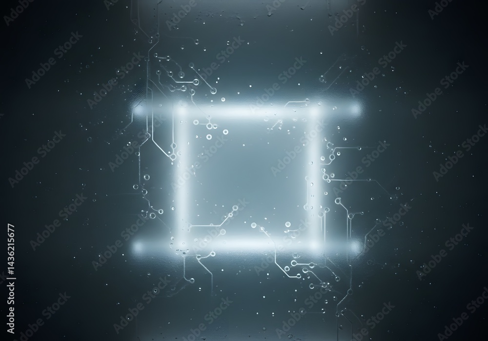 Obraz premium Futuristic Digital Circuit Board Design with Glowing Square and Microchip Elements.