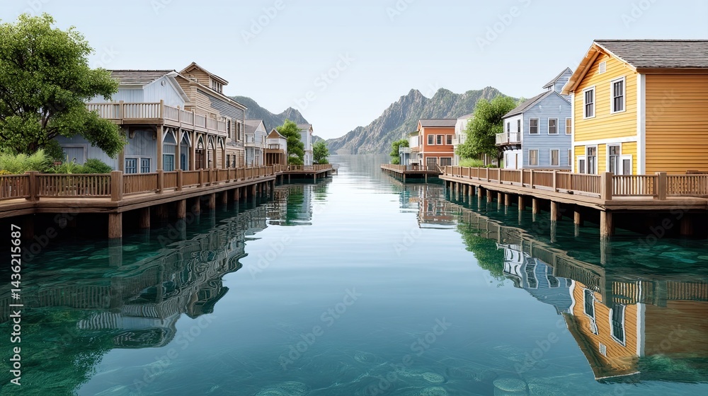 Fototapeta premium Miniature seaside village with colorful houses coastal scene for bright designs, charming miniature seaside village with colorful houses background for storytelling, dreamy layout of miniature seaside