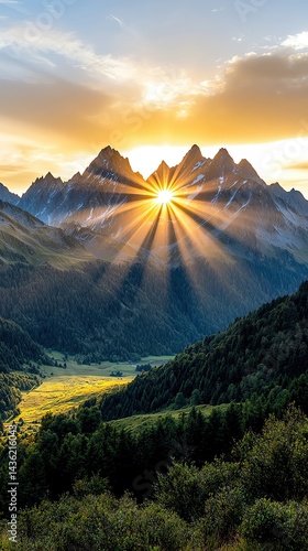 majestic alpine mountain range at golden hour, sunbeams piercing through clouds, lush green valley below, cinematic lighting, ultrarealistic composition