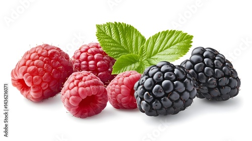 Fresh Raspberry and Blackberry on White Background with Green Leaf