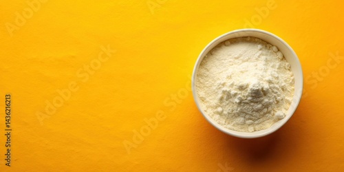 A bowl of fine white powder sits on a vibrant yellow surface, ready for culinary creation or nutritional supplement mixing.