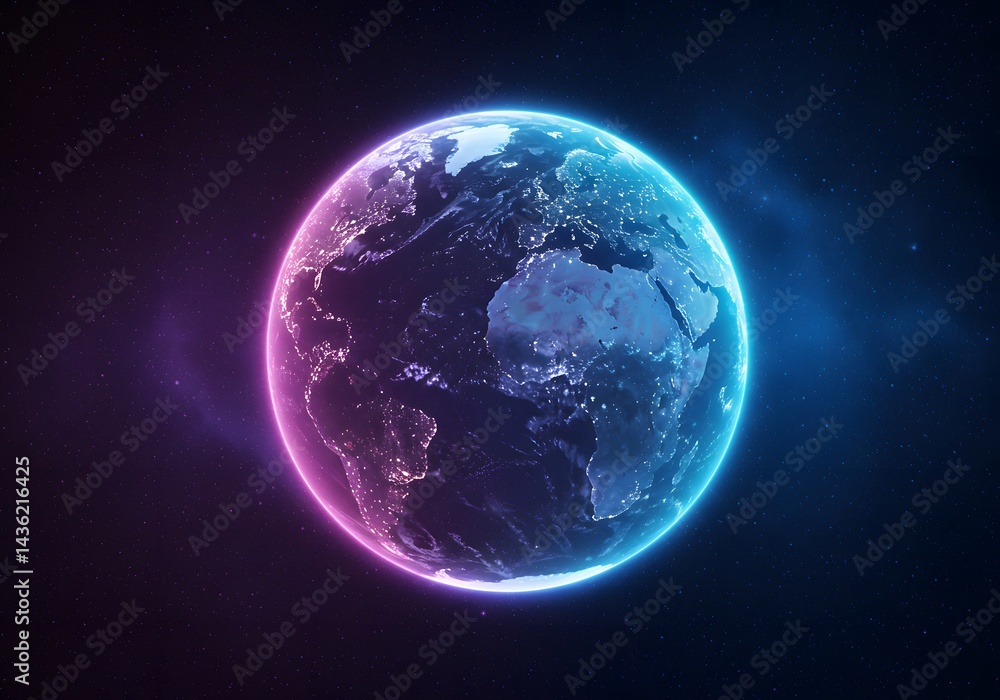 Earth Globe with Neon Lights, 3D Render, Night View, Global Illumination, Space Backdrop. Earth Globe with Neon Lights, 3D Render, Night View, Global Illumination, Space Backdrop.