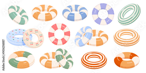 Beach set of inflatable striped swimming circles in retro style. Ideal for summer parties, water activities, resorts, kids and adults. High quality vector illustrations on white isolated background.