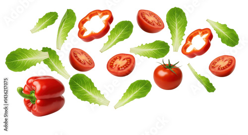 Salad ingredients float against black lettuce peppers  tomatoes