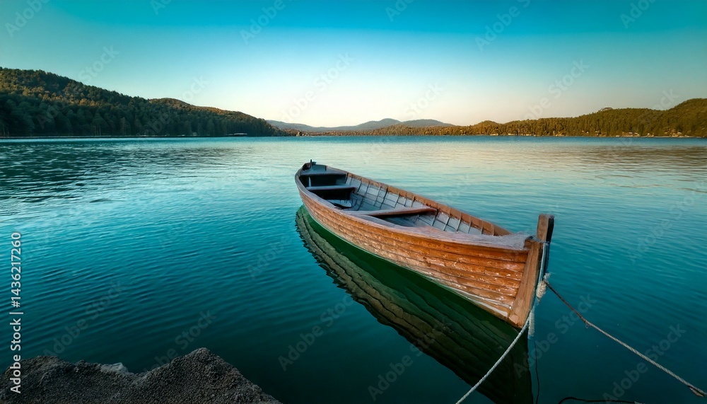 Fototapeta Pequeño barco de madera en un tranquilo lago verde azulado al amanecer, fotografía hiperrealista
