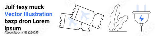 Airplane tickets, minimalist plant detail, electric plug with lightning. Ideal for travel planning, energy conservation, e-ticket services, mobility, eco-awareness, modern design simple landing page