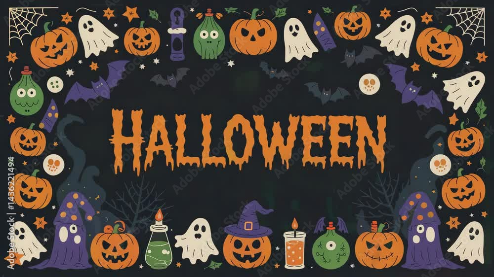 Spooky halloween party graphic with melting text, surrounded by jack o' lanterns, phantoms, flying bats, magical potions, creepy decorative elements. Spooky halloween party graphic with melting text, surrounded by jack o' lanterns, phantoms, flying bats, magical potions, creepy decorative elements.