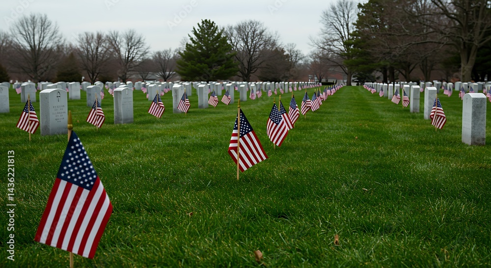 Naklejka premium Flags and headstones in a cemetery