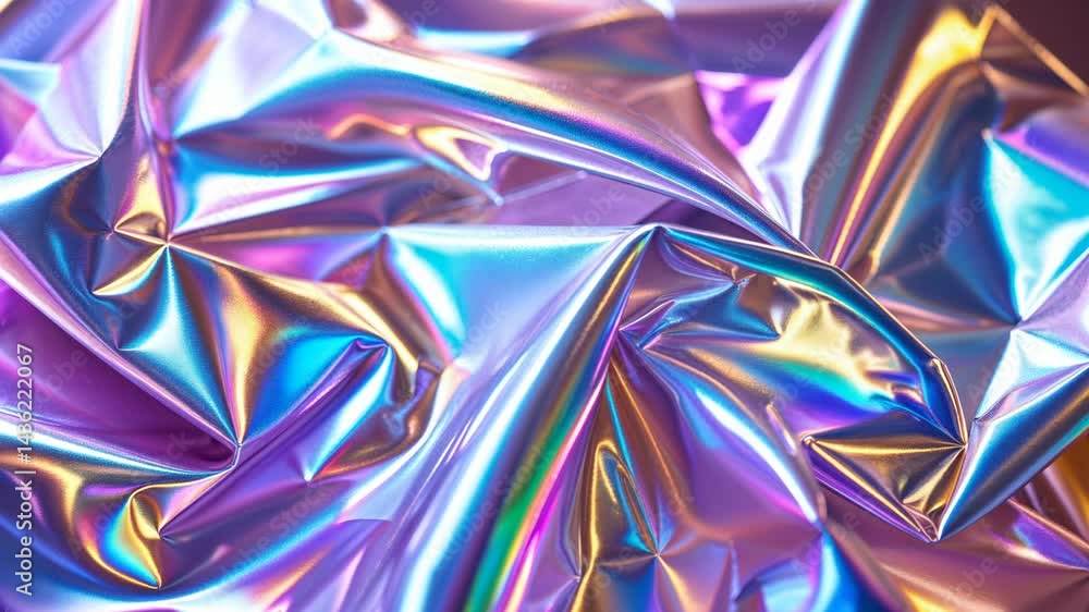 Close-up of shimmering holographic fabric with a crumpled texture reflecting vivid colors in soft light Close-up of shimmering holographic fabric with a crumpled texture reflecting vivid colors in soft light