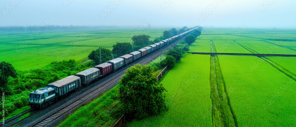 Aerial view freight train transport green fields rural landscape rail Aerial view freight train transport green fields rural landscape rail