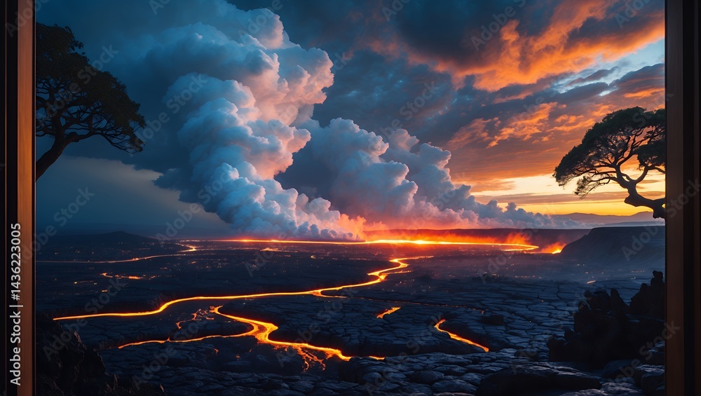 Fototapeta premium Volcano Eruption at Sunset View with Orange Lava Flow