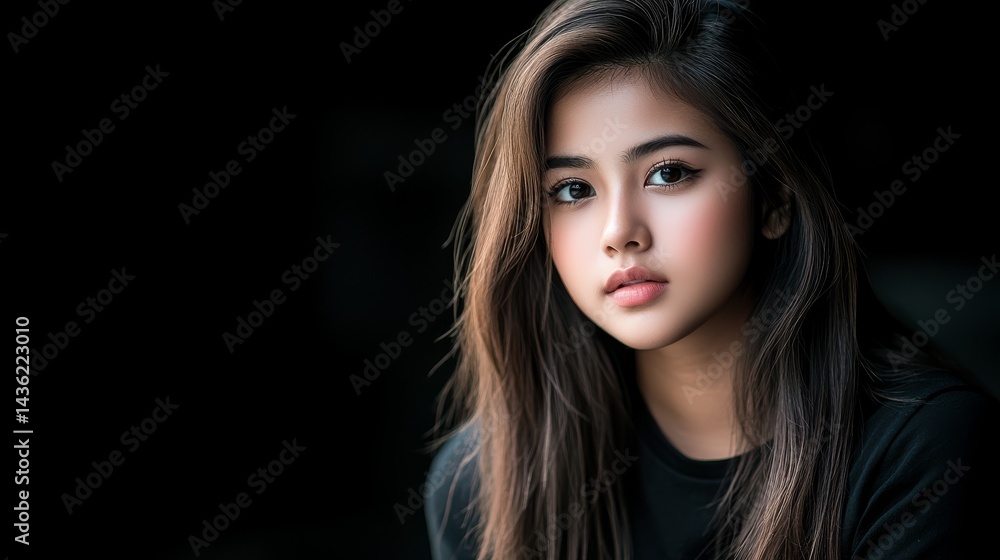 Fototapeta premium Stylish woman with long flowing hair in a classic black shirt, minimalist fashion portrait