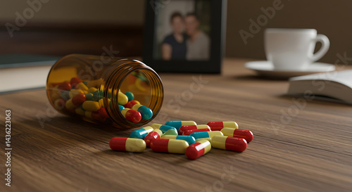 Pills Spilling From Bottle on Wooden Table at Home