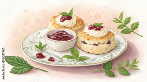 Wallpaper Mural Watercolor Painting of Two Scones with Jam and Cream, Floral Plate, Botanical Illustration, Dessert, Food Art Scones, Watercolor Torontodigital.ca