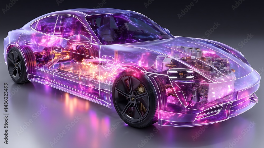 Fototapeta premium Futuristic transparent car revealing internal components with vibrant energy fields