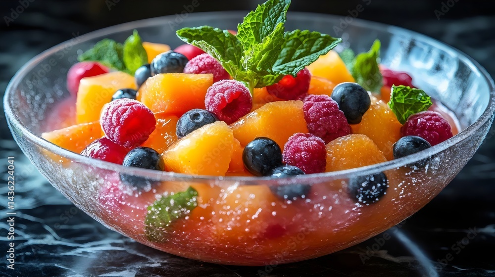 A colorful fruit salad with cantaloupe, blueberries, and raspberries, elegantly presented. A colorful fruit salad with cantaloupe, blueberries, and raspberries, elegantly presented.