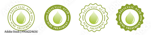 salicylic acid badge, seal, stamp, certificate, sticker, logo, rounded, circle. skincare, body care cosmetic make up, beauty product, acne prone skin treatment. green color 