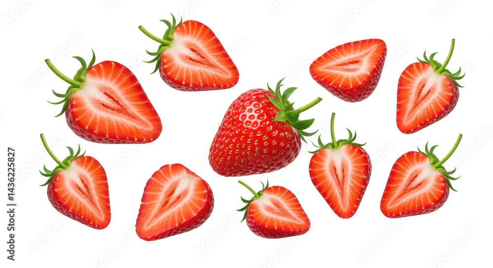Sliced and whole strawberries burst forth from the black background Sliced and whole strawberries burst forth from the black background