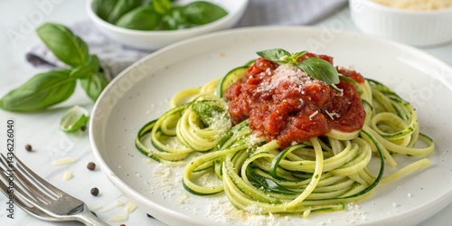 Wallpaper Mural Zucchini Noodles with Tomato Sauce Close-up Food Photography, White Plate Composition, Healthy Recipe, Italian Cuisine Keywords Zoodles, Pasta Torontodigital.ca
