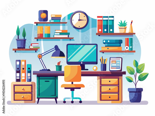 A high-quality vector of a modern home office setup with desk, computer, and stationery, isolated on a white background