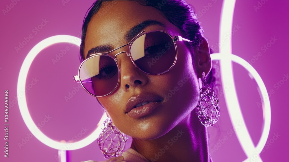 The image shows a woman from the side, wearing a pair of orange glasses with a futuristic and angular appearance The image shows a woman from the side, wearing a pair of orange glasses with a futuristic and angular appearance