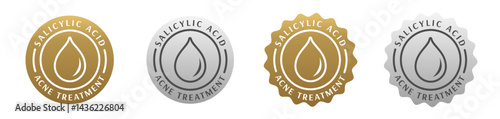 skincare formula ingredient salicylic acid, badge, seal, stamp, logo, sticker, silver gold. body care, beauty product, skin treatment, acne treatment. 