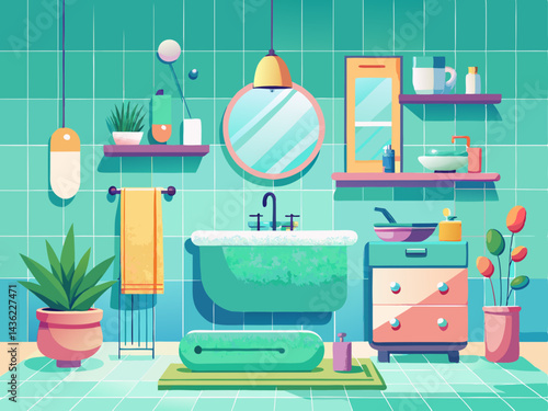 A fresh vector of a minimal bathroom scene with pastel colors, placed on a pale aqua background