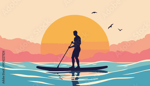 Man paddleboarding at sunset, embracing nature's tranquility