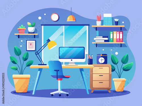 A minimalist vector of a clean work-from-home space with functional decor, placed on a soft blue background